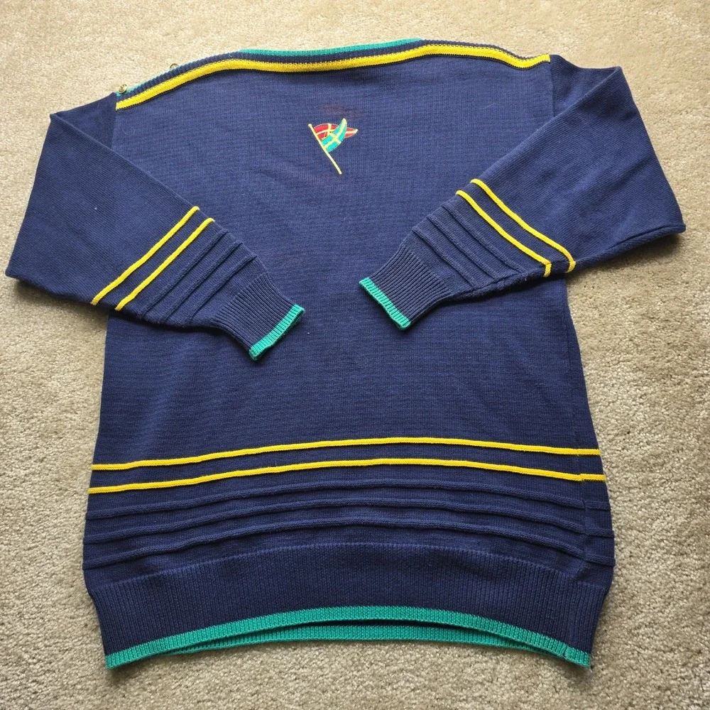 Nautica Mens Navy Blue Nautical Sweater Anchor Life Preserver Flags Size L‎ - Picture 5 of 10